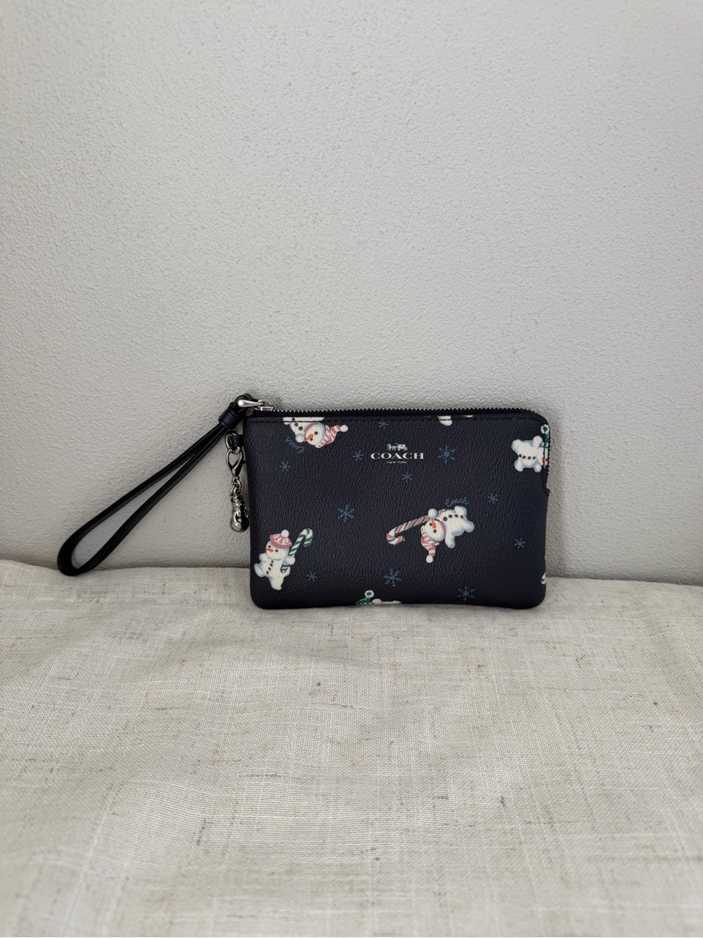 Coach Navy Snowman Candy Cane Winter Wristlet